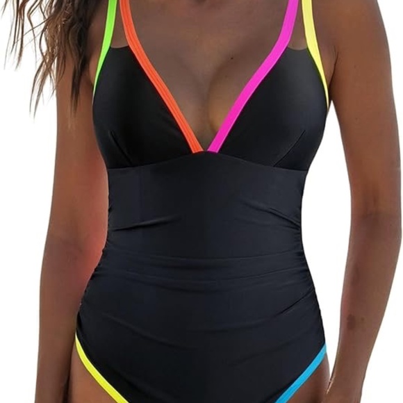 Women's One Piece Swimsuits Neon Color Block Swimwear V Neck Bathing Suit (NEW) - Picture 8 of 8